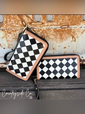 Black & White Checkered Wristlet with Tan Trim - 1 available.